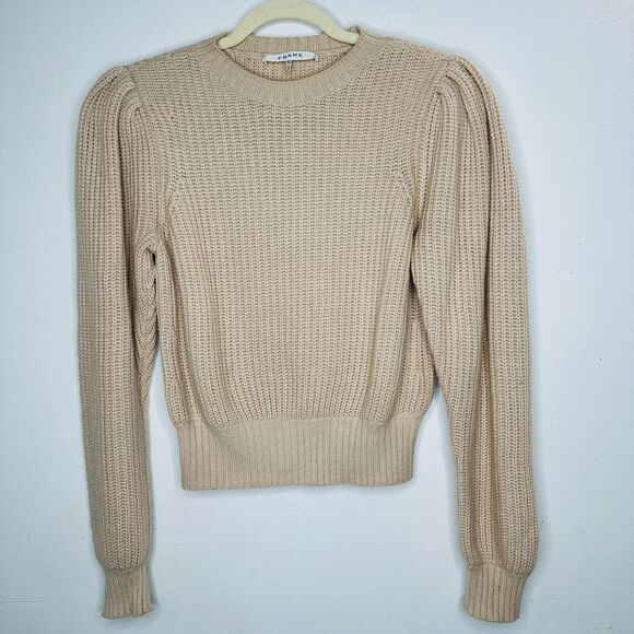 Frame Tan Ribbed Cable Knit Crew Neck Balloon Puff-Sleeve Banded Crop Sweater XS - Picture 3 of 12